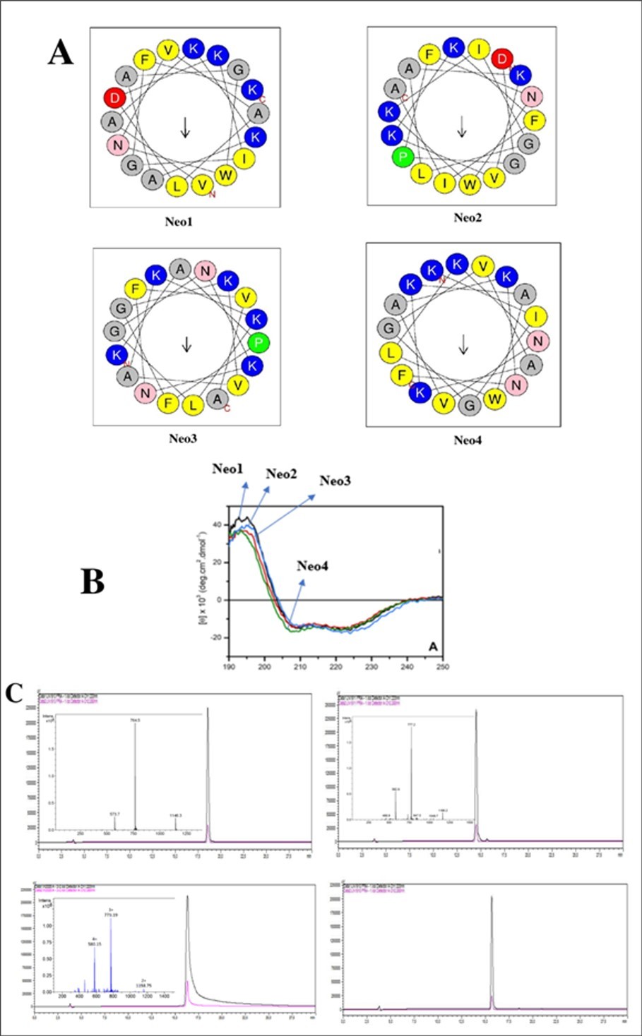 Figure 1. A. Schiffer-Edmundson projection of different Neo peptides, B. CD spectra of peptides at a concentration of 80 µmol L−1 in 0.8 mmol L−1 of LUVs, C. Chromatogram HPLC et LCMS of Neo's peptides