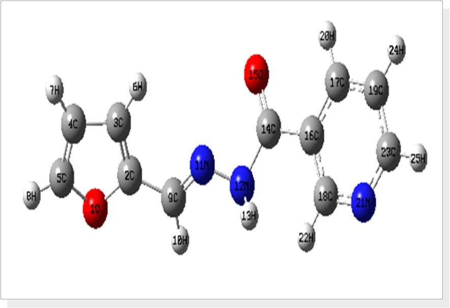 The optimized structure of (E)-N′-(furan-2-ylmethylene)nicotinohydrazide (F2CNH)