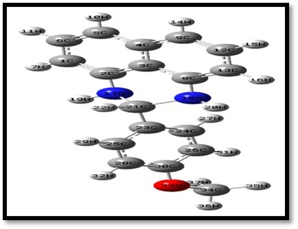 Optimized structure of 2-(4-methoxyphenyl)-2, 3-dihydro-1H perimidine (MPDP)