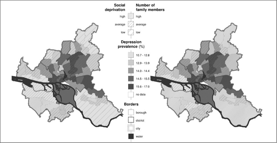Prevalence rates of depression and spatial distribution of the variables “social deprivation” and “number of family members” per borough, Hamburg, Germany, 2011. Overall treatment prevalence, excluding the age group of 0–17 years of age, both sex. Population are all statutory health insured patients with at least one contact to a contract physician working in the ambulatory sector, including psychotherapists per year. Classification of prevalence rates was conducted using quantiles. The variables “social deprivation” and “number of family members” were obtained from a previously conducted PCA 1721.