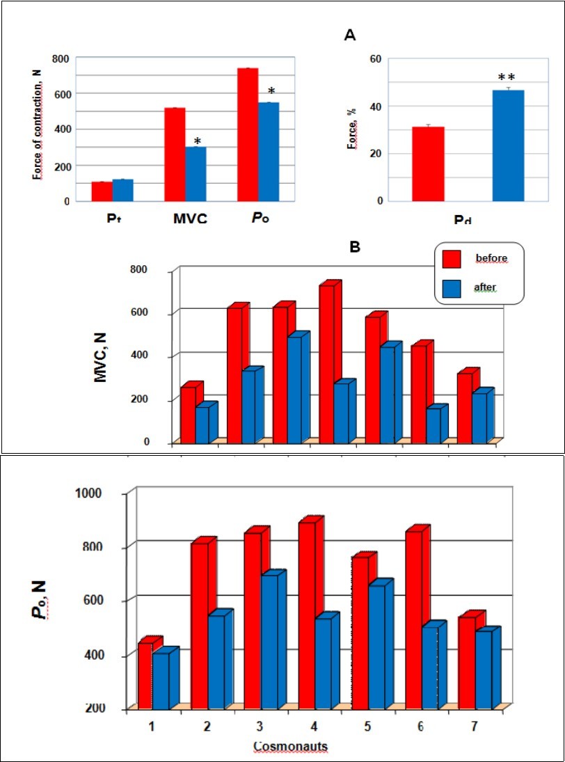 The effects of long-term space flights on strength properties A. The maximal twitch response of force (Pt), maximal voluntary contraction (MVC), maximal electrically evoked tetanic contraction (Po, recorded at 150 impulses.s-1) (left panel), and force deficit (Pd,) before and after prolonged space flights (right panel). B. The histograms represent the individual MVC (top panel) and Po (bottom panel) values of each cosmonaut from baseline data collections and 3 days after return test. All values are means ± SE. Significantly different between groups for corresponding contractions: **p < 0.05 ***p < 0.01
