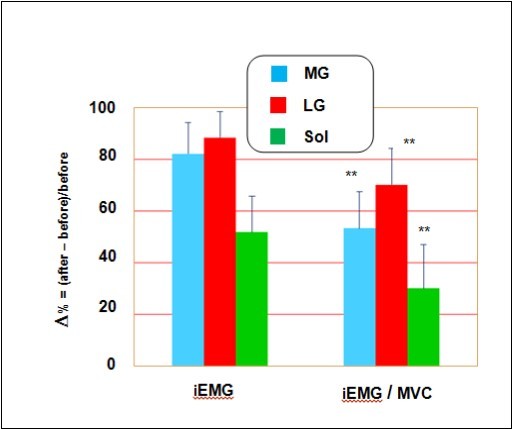 The effects of long-term space flights on EMG activities. Activation of the medial and lateral gastrocnemius and soleus muscles during MVC after long-term space flight. Values are expressed as percentage of control (before). All values are means ± SE. Significantly different between groups for corresponding contractions: **p < 0.05.