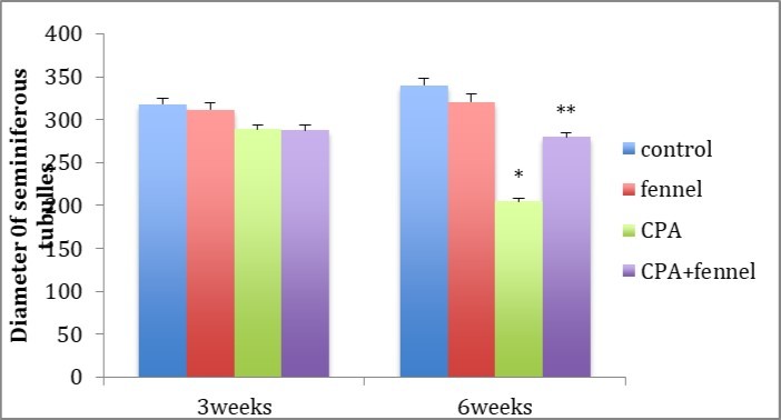 Change in diameter (μm±S.D) of seminiferous tubules in different experimental groups. (*): significant at P < 0.05 compared with control group.(**): significant compared with CPA group.
