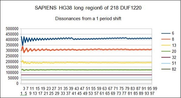 SAPIENS HG38 - In this figure we could locate DISSONANCES shifting by 1 period all main periods 5 7 12 19 31 50 81