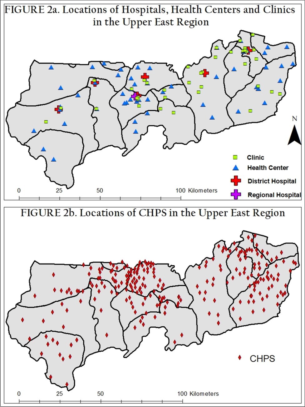 A) Locations of Hospitals, Health centers and clinics in the Upper East Region. B) Locations of CHPS in the Upper East Region