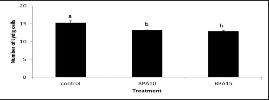 Number of Leydig cells in testis from control and BPA-treated groups                     (10 or 15 μg/kg BW). Small alphabetic letters show significance when (P < 0.05).