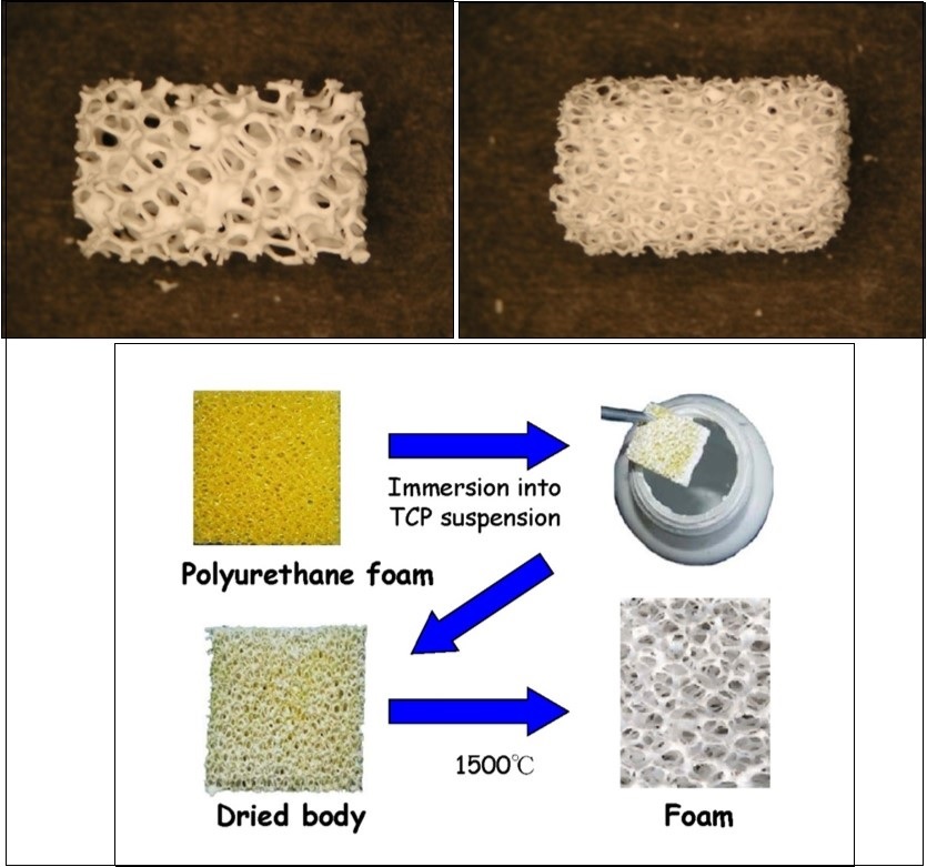 Photographs of a commercially available porous CaPO4 scaffolds with different porosity (top) and a method of their production (bottom). For photos, the horizontal field width is 20 mm.