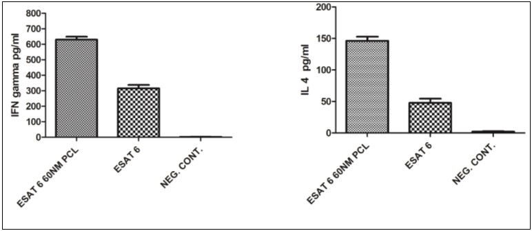 Cytokines secreted by CD4+ T cells in response to antigen presentation by monocyte derived macrophages. Data reveals the enhanced cytokine secretion by antigen loaded 60nm PCL NP compared  to pure ESAT 6 antigen. A) IFN gamma secretion B) IL-4 secretion.