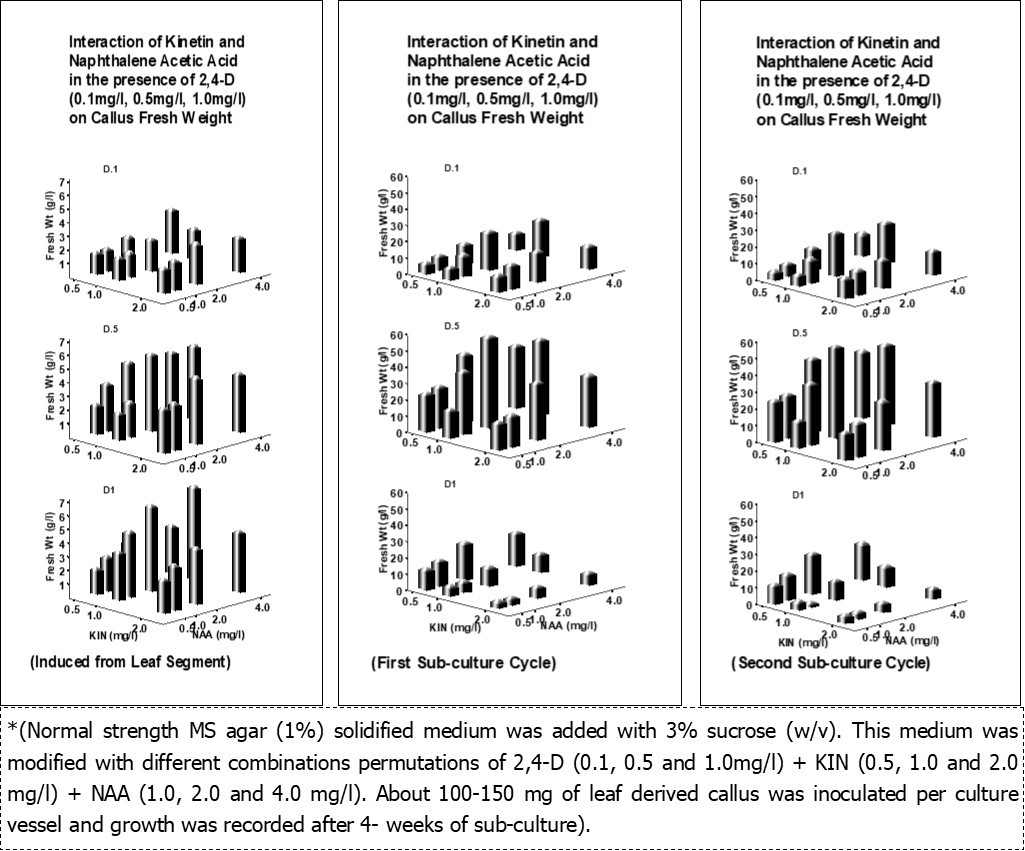 Interactive effects of 2, 4-D, Kinetin, NAA on induction and multiplication of callus growth and     development*.
