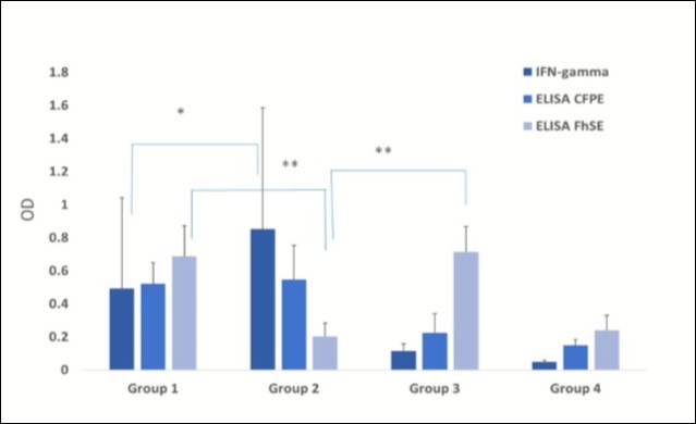 Data are presented as mean ± standard deviation (DS). Kruskal Wallis test and post hoc Dunn´s multiple comparison test were used for the comparison of results obtained in the different diagnostic tests used for both diseases with *Significant differences (p˂ 0.001); **(p<0.05). Mean antibody levels towards F. hepatica secretion/excretion antigens (FhSE) and to the protein extract from a M. bovis culture filtrate (PECF) as assessed by indirect ELISA (OD492 nm) and mean IFN-γ production as quantified by sandwich ELISA in supernatants collected after antigen stimulation of whole blood cultures with bovine PPSD (OD450 nm) in the different study groups. Group 1: tuberculous cows coinfected by F. hepatica; Group 2:                tuberculous cows; Group 3: parasitized cows; and Group 4: non-tuberculous, non-parasitized cows.