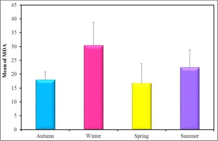 The mean concentration levels of                          activity of MDA (nmol/mg tissue) in different   seasons    (2016-2017).