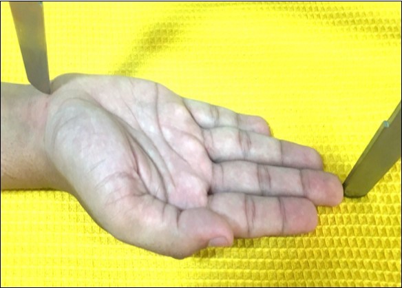 Hand Breadth: Measured from 1st  metacarpo-phalangeal joint to base of 5thmetacarpal in cm using Vernier Caliper 6.