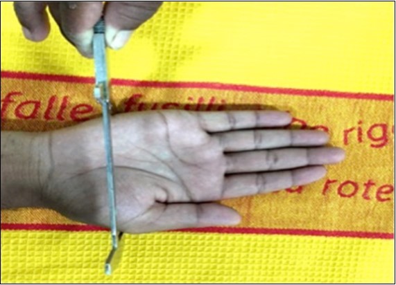 Hand Breadth: Measured from 1st  metacarpo-phalangeal joint to base of 5thmetacarpal in cm using Vernier Caliper 6.